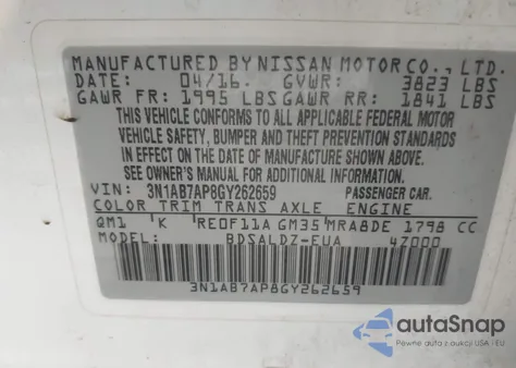 2016 Nissan Sentra Fe+ S/S/Sl/Sr/Sv from USA, damaged, VIN 3N1AB7AP8GY262659